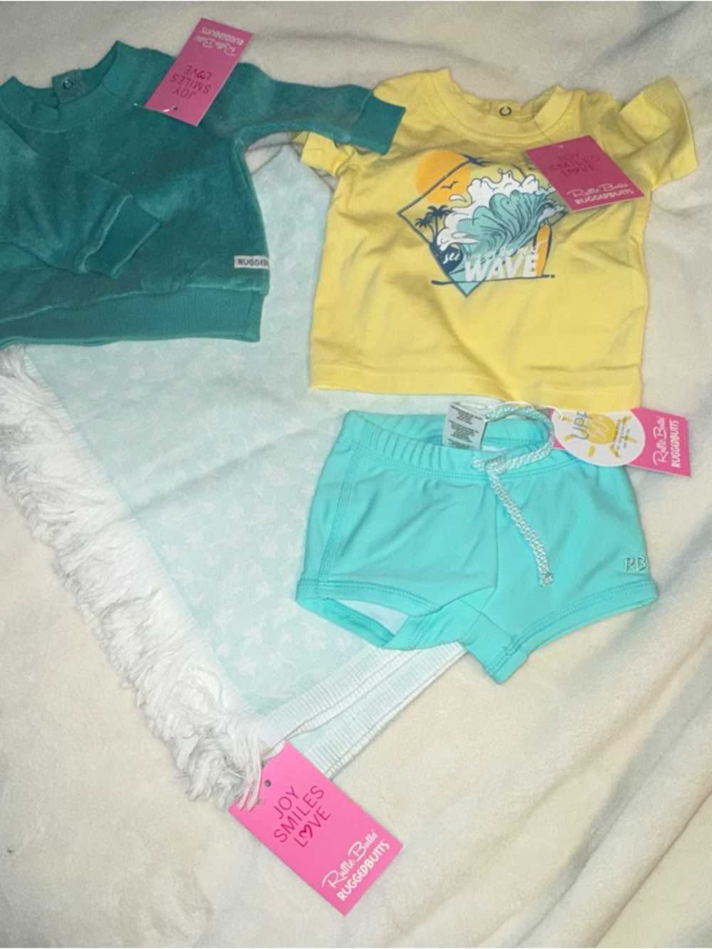 Rugged Butts Baby Bundle 0-3m T-Shirt, Terry Cloth Sweatshirt, Swimmers & Towel!